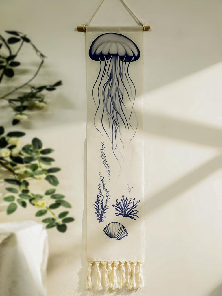 Boho Jellyfish Tapestry Wall Hanging Nautical Style Macrame Tapestries Decor with Tassels Wall Decorations for Home Bedroom Gift