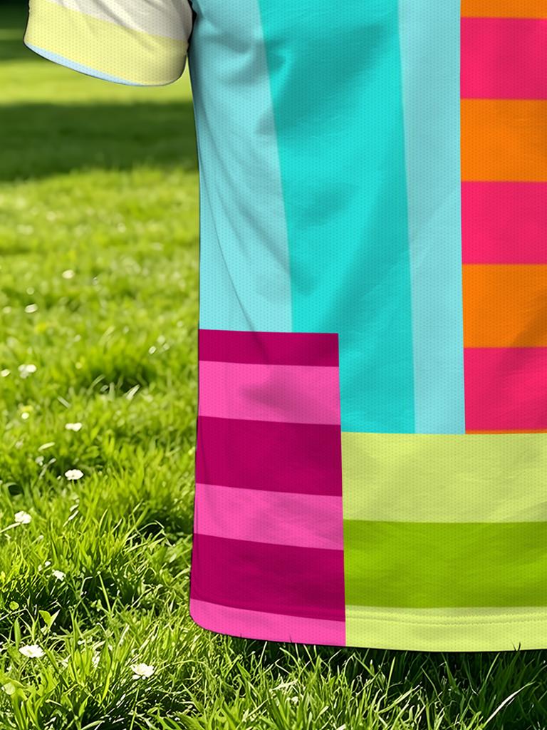 1pc Men'S Short Sleeve Polo Shirt, Multi-Size Available, Collar Button Design, Colorful Geometric Contrast Patchwork Print, Beige Lapel Short Sleeve