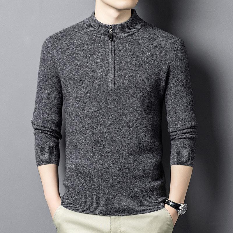 2025 Men's High-Grade Yak Wool Zipper Sweater - Solid Color, Autumn/Winter Knit Base Layer