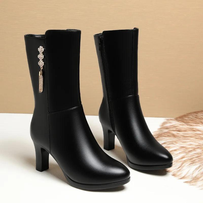 

Fashion Quality Fall Winter Mid Leg Soft Leather Boots Women s Platform Shoes 2025 Block High Heels Ankle Boots for Office Mom 34