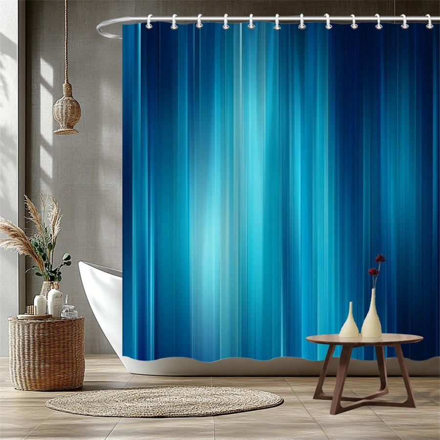 1pc Abstract Blue Teal Gradient Minimalist Shower Curtain, Polyester Fabric with Vertical Stripes, Machine Washable, Fashion The