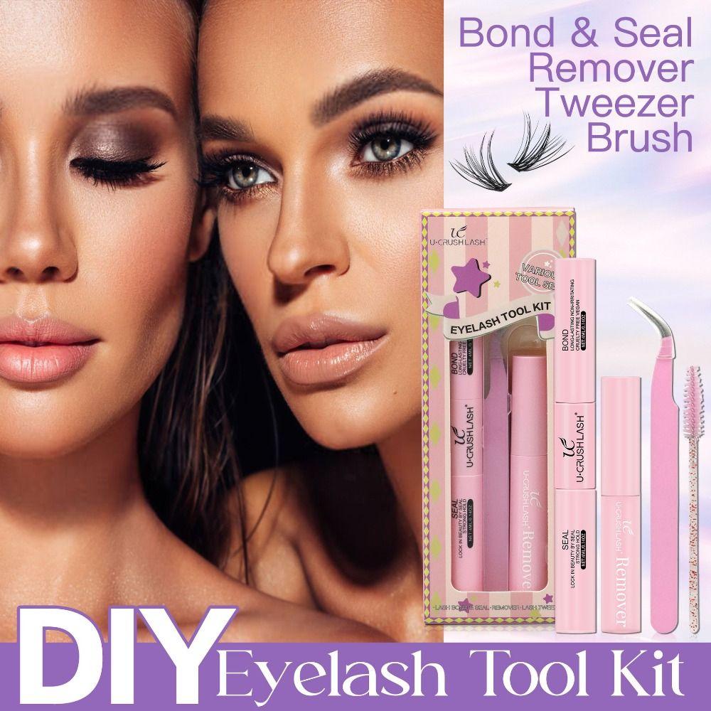 Waterproof Eyelash Extension Glue With Tweezers Non-Irritating Lash Clusters Kit With Remover With Brush Lash Glue Remover