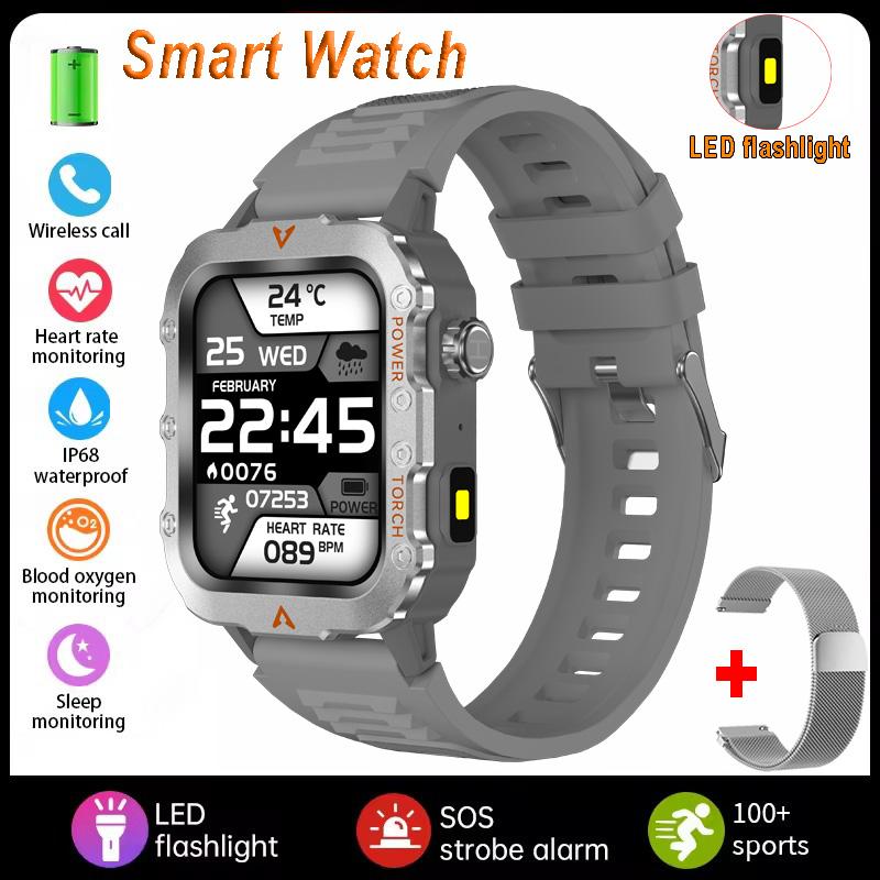 New Men's BT Call Smart Watch LED Flashlight Outdoor Sports Fitness Tracking Smartwatch Wristwatch Health Monitoring Watch