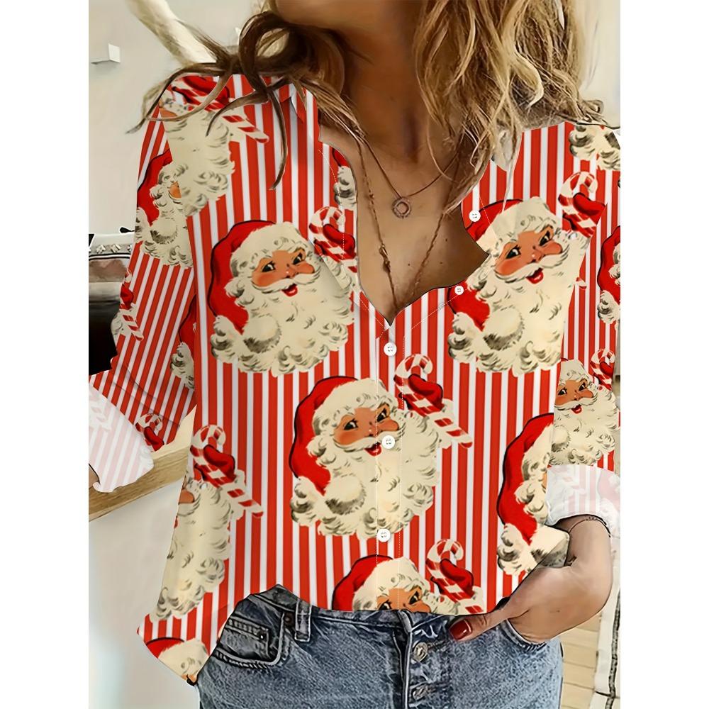 Magliette da Donna a Maniche Lunghe con Stampa 3D di Babbo Natale per Natale Blusa Natalizia Casual per Festa Top con Bottoni da Donna