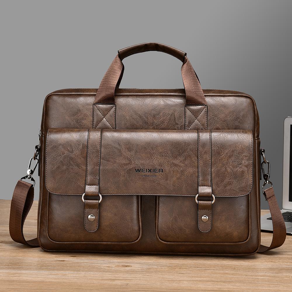 WEIXIER Men's Leather Briefcase 15.6 Inch Laptop Computer Bag Large Satchel Messenger Crossbody Shoulder Bag for Office Business Adjustable Strap