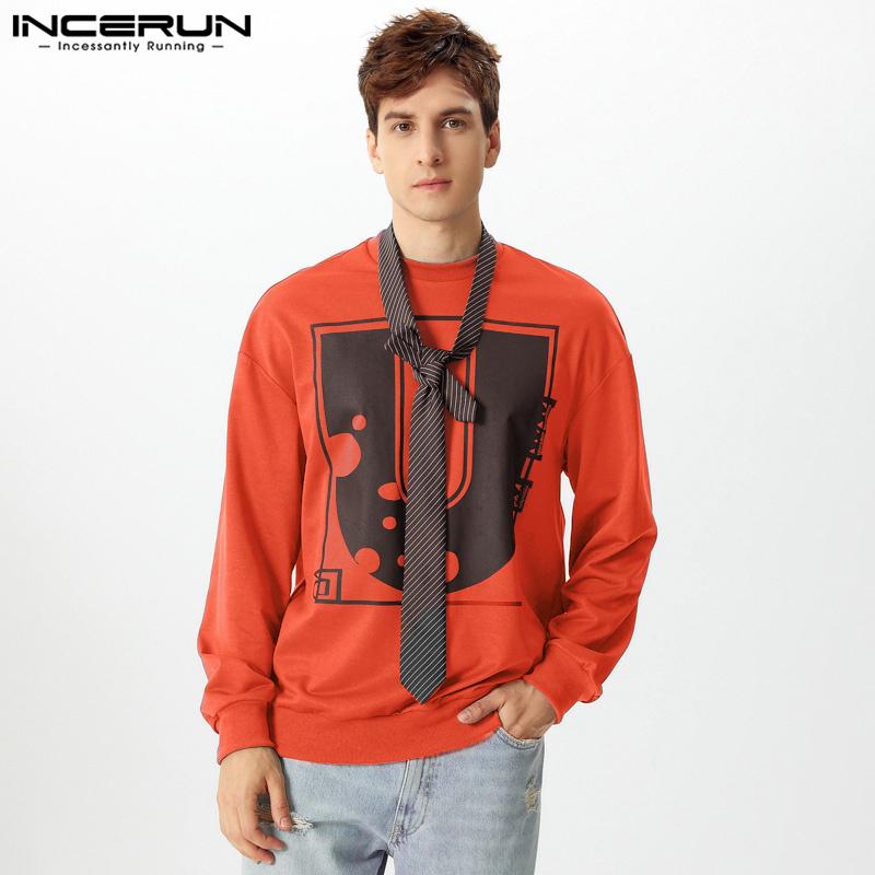 INCERUN Oversized Men O Neck Long Sleeve Letter Print Loose Casual Tops