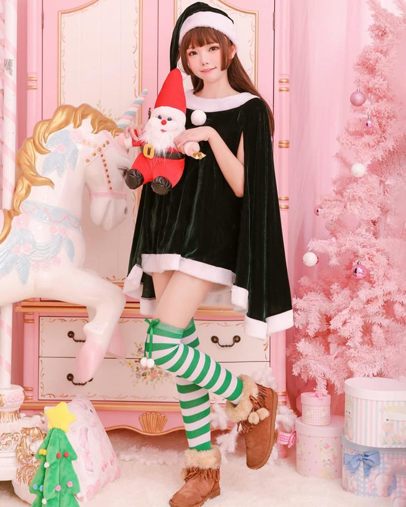 Milky Time 3-Piece Christmas Santa Costume Set for Women, Adult Santa Claus with Poncho Sleeves (Green, Size M)