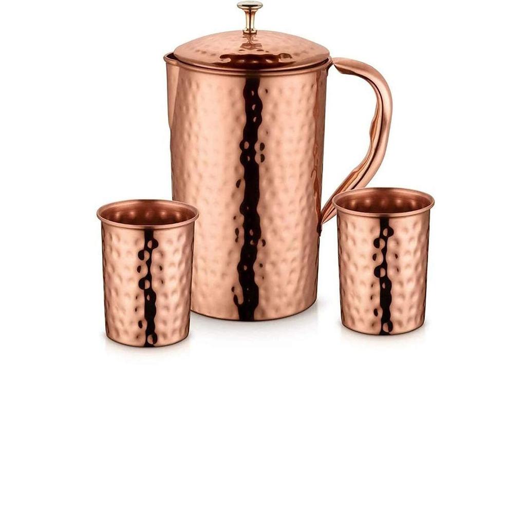 Měděná láhev na vodu, 1000 ml, sada 1 ks, zelený potisk (Džbán se 2 sklenicemi)