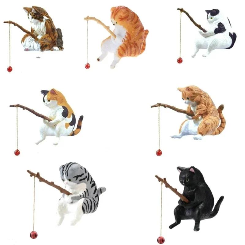 Cute Fishing Cat Fishbowl Fishing Figure Fisherman Figurine Cat Fishing Rod Seals Figures Cat Decoration Interior Accessories