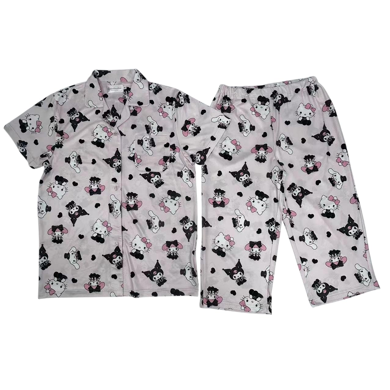 

Pajama Hello Kitty and short length front polyester stretch room pink [Sanrio] set, Kuromi, all-over print, sleeves, 3/4 pants, opening, material, розовый