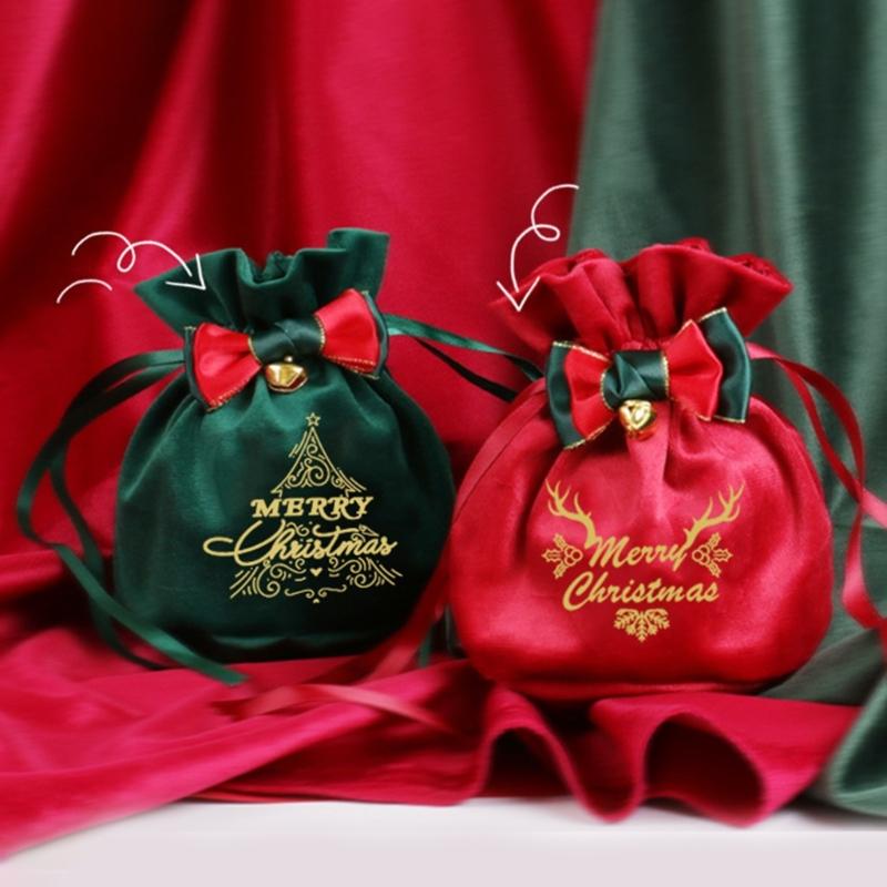 Reusable Holiday Velvets Treat Pouch Drawstring Gift Bag With Bowknot And Bell Christmas Party Decoration Accessories