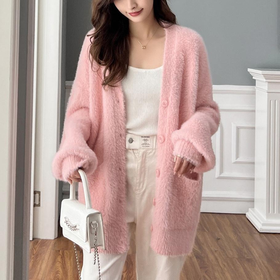 

Корейский ленивый иностранный воздух, рукава-фонарики с двойным карманом, мягкий вощеный искусственный норковый бархат с V-образным вырезом, легкий ветровой свитер, женская куртка, осень и зима One size розовый