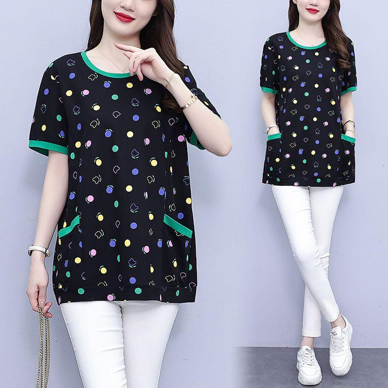 

Женская одежда Повседневная футболка с принтом Стильные контрастные цвета Карманы Сшивная 2024 Лето Свободный Повседневный Круглый вырез Пуловеры XXXL чёрный