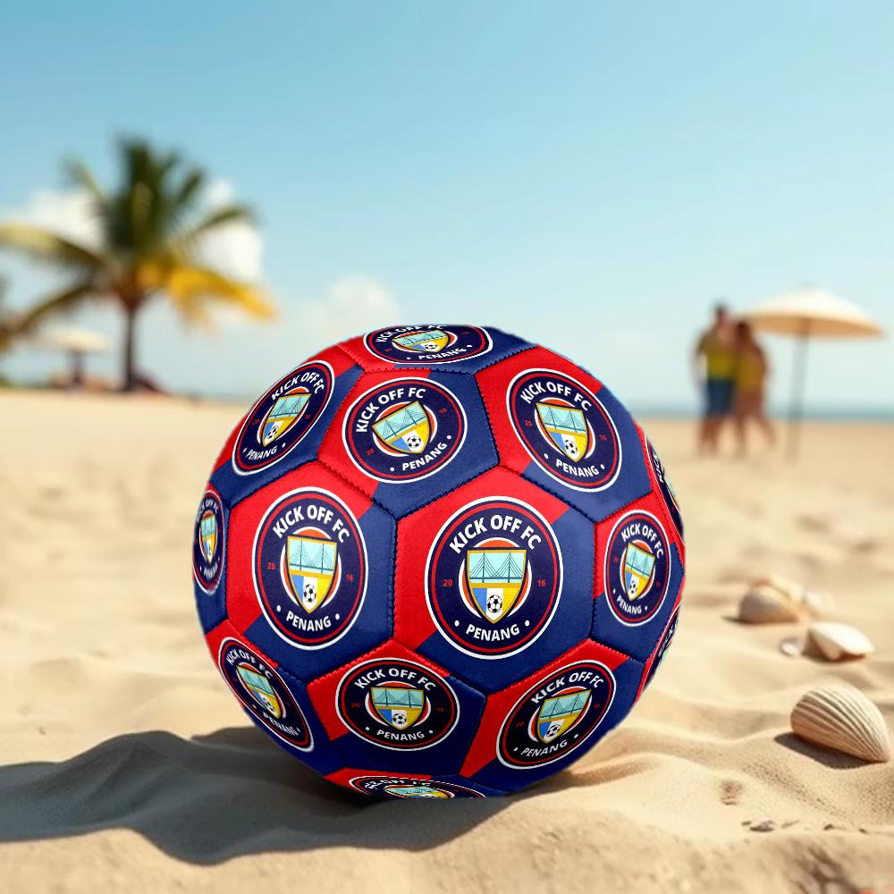 Kick Off FC Penang Themed Size 5 Soccer Ball Red Blue Shield Crest Print For Outdoor Training Fan Collection Match Play