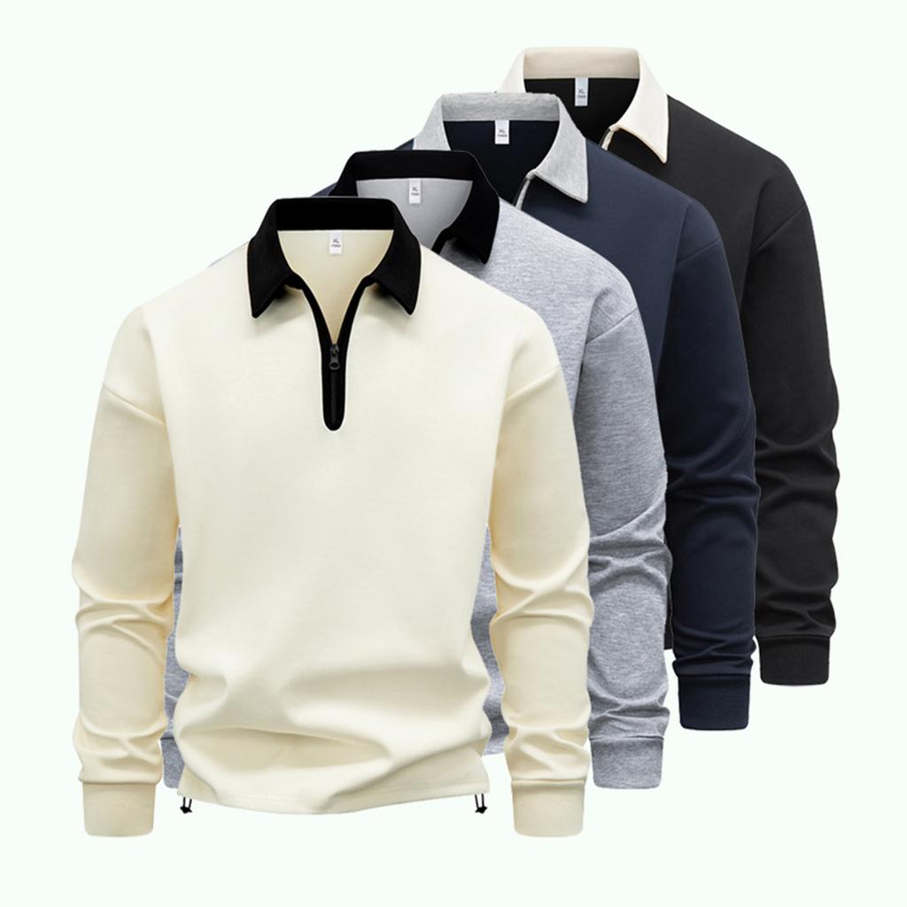 Men's Casual Colorblock V-Neck Zipper Shirt Lapel Long Sleeve Bottom Sweatshirt