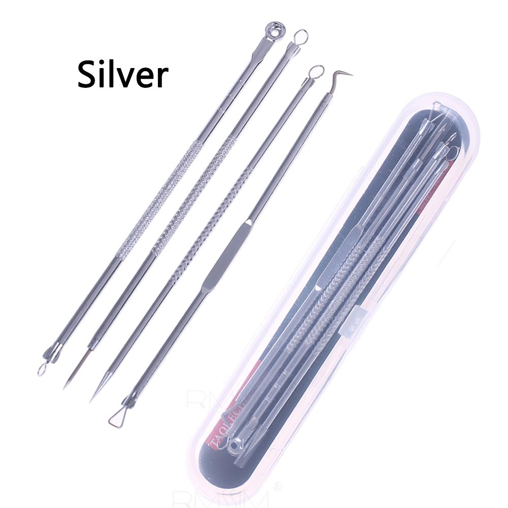 

4 шт./набор, ложка для удаления черных точек, комедонов, угрей, прыщей, черных точек, инструмент для ухода за кожей лица, иглы, очиститель пор для лица серебряный