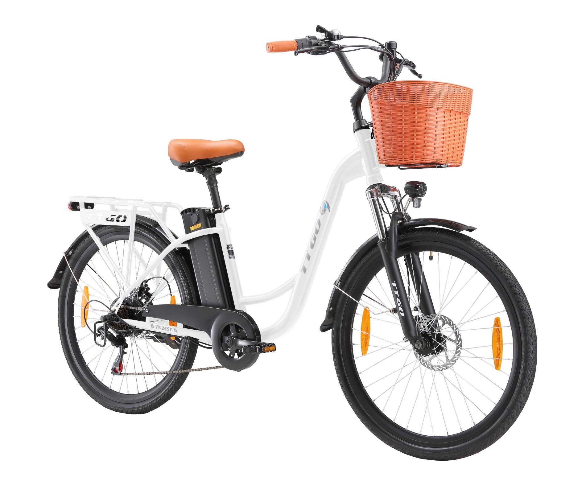 Eco Ride Ttgo Yy-26ST Elektrische Fiets 250W Motor 36V14.5Ah Batterij Max Snelheid 25km/u Max Bereik 60-75km Shimano 6 Versnellingen Stadsforensen Ebike Wit