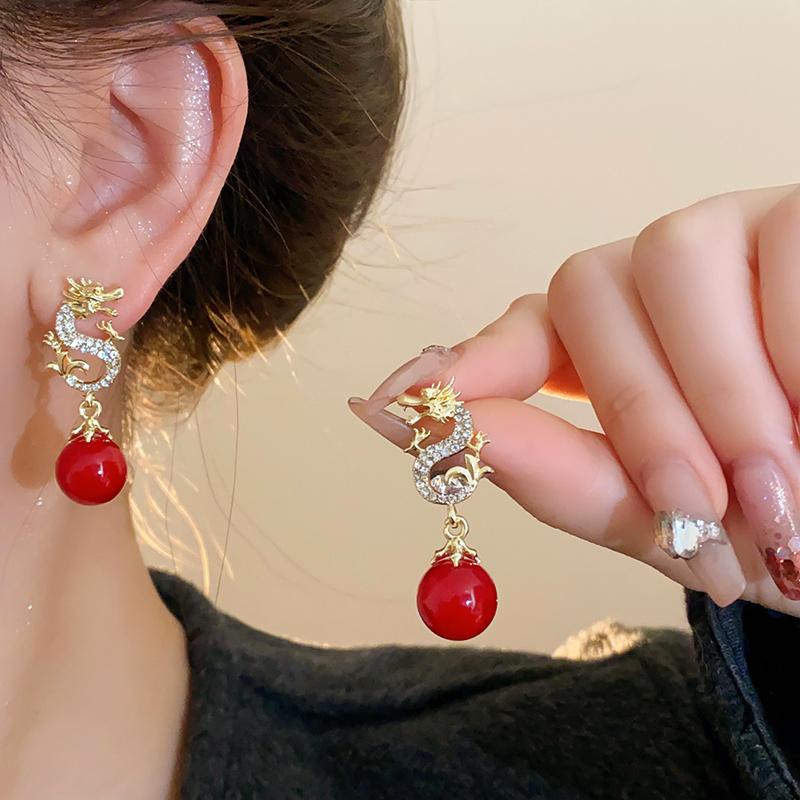 Rhinestone New Chinese Dragon Earrings for Women Temperament Pearl Drop Earring 2024 New Year Festive New Year Dragon Zircon