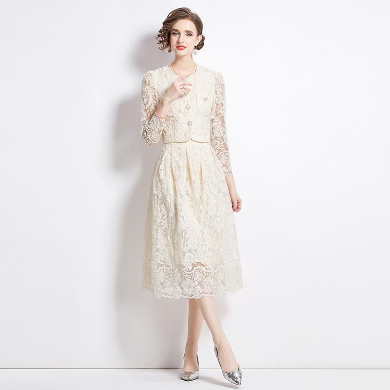 Female Floral Embroidery Two Piece Set Women Suit Elegant OL Long Sleeve Shirt Midi Skirts 2 Piece Outfit