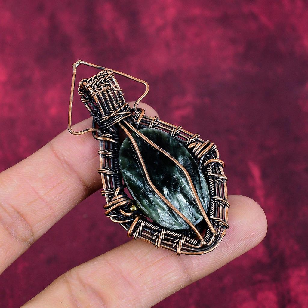 Seraphinite Gemstone Pendant Copper Wire Wrapped Jewelry Handmade Amazing Pendant