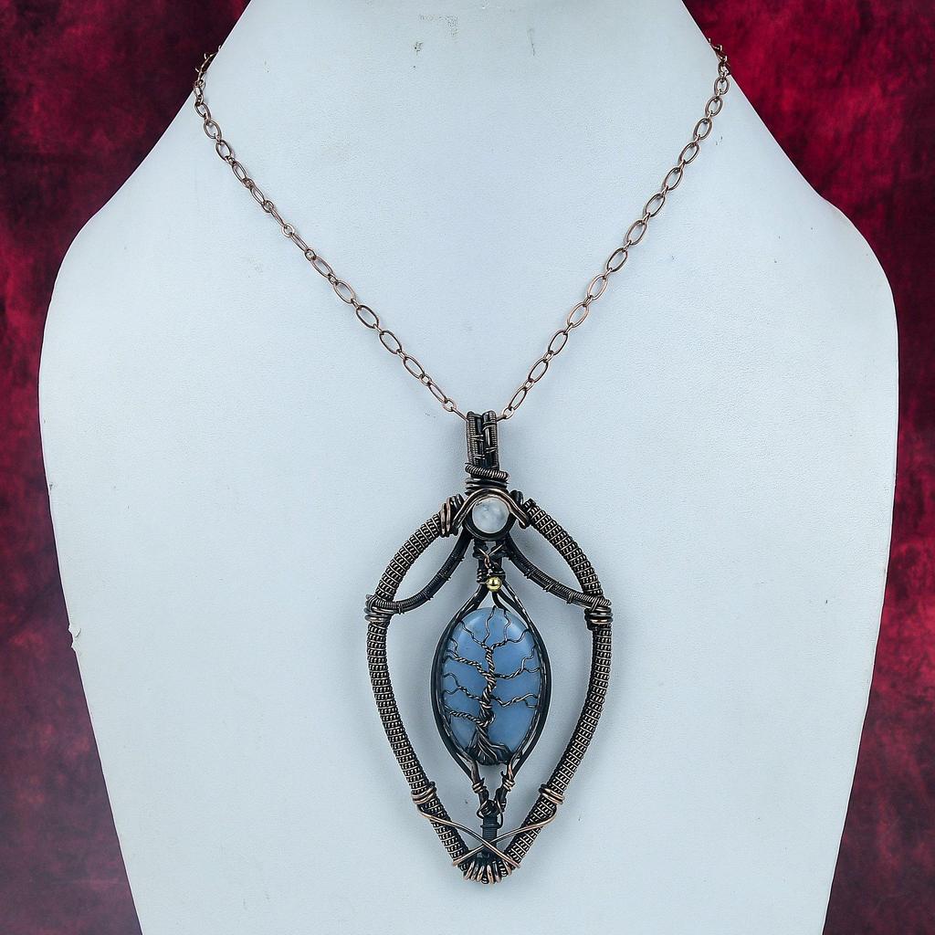 Tree Of Life Angelite Gemstone Pendant Rainbow Moonstone Pendant Copper Wire Wrapped Pendant