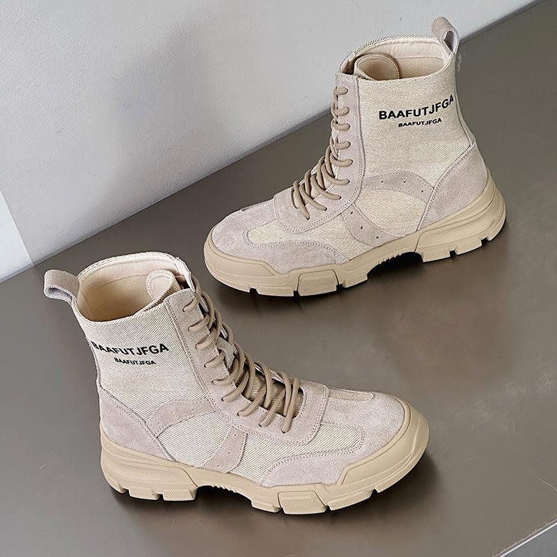 

High-top canvas Martin boots women s new summer thin leather hiking shoes inner heightening desert short boots 35 бежевый