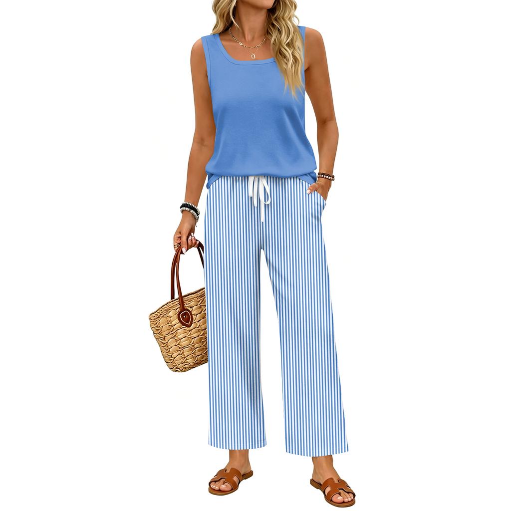 Women Sleeveless Tank Top and Striped Wide Leg Pants Two Piece Set Casual Outfit for Travel Vacation and Home Relaxation