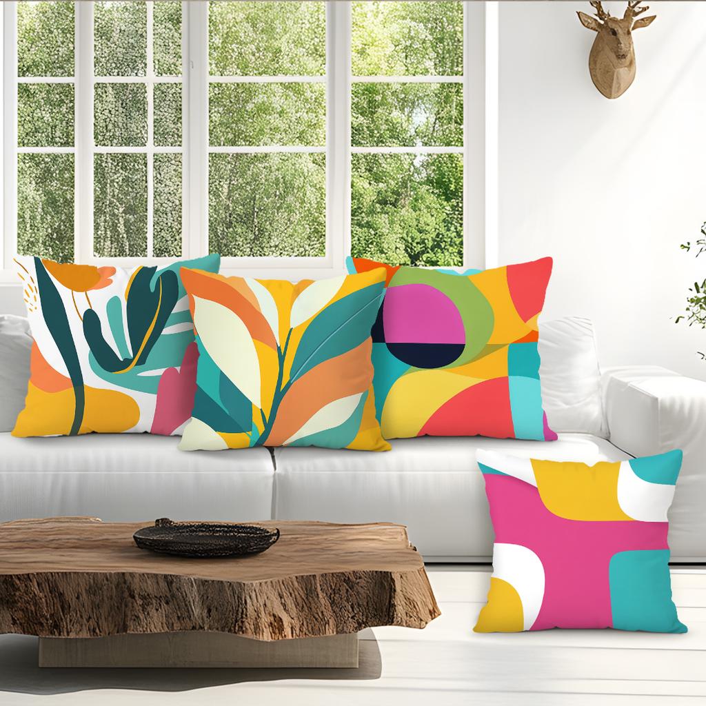 4Pcs Abstract Geometric Shape Plant Print Single-Sided Cushion Cover For Living Room Bedroom Car Home Decor