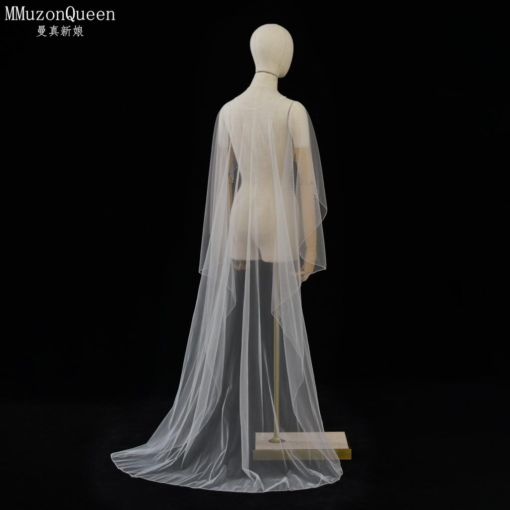 Beaded Edge Tulle Cape Train Shawl Front Short Back Long Sheer Bridal Wrap White & Black For Strapless Wedding Gown Evening Party Photoshoot