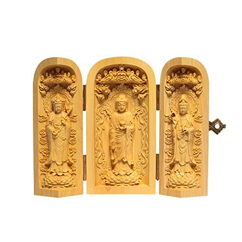 Three-Open Buddha, Wood Carving, Kannon Statue, Amitabha Buddha, Seishi Bodhisattva, Amitabha Buddha, Kannon Bodhisattva, Mini Buddhist Altar, Buddhis