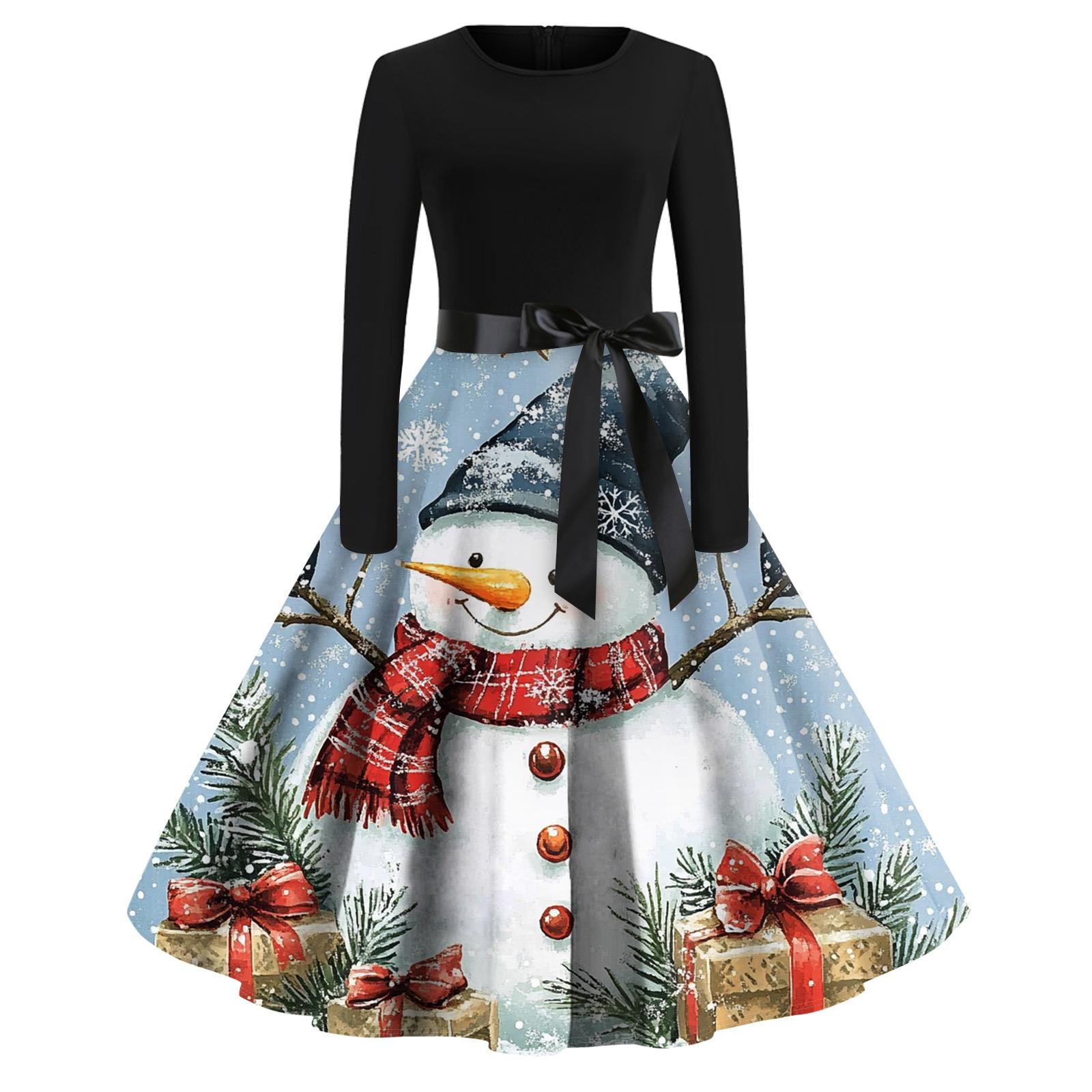 

Рождественский принт расклешенное платье для женщин платье с длинным рукавом полые вечерние повседневные платья XL