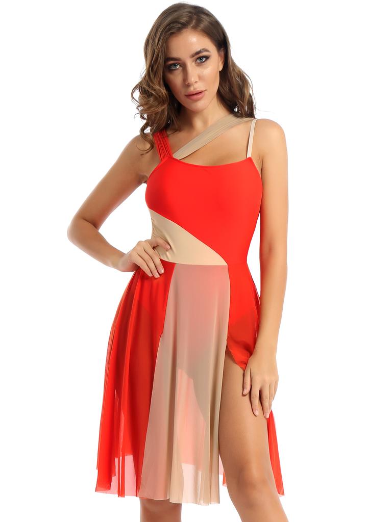 Ärmlös färgblock Balett Dans Gymnastik Body Mesh Overlay Balett Samtida Dansklänning Lyrisk Leotard Performance Kostym