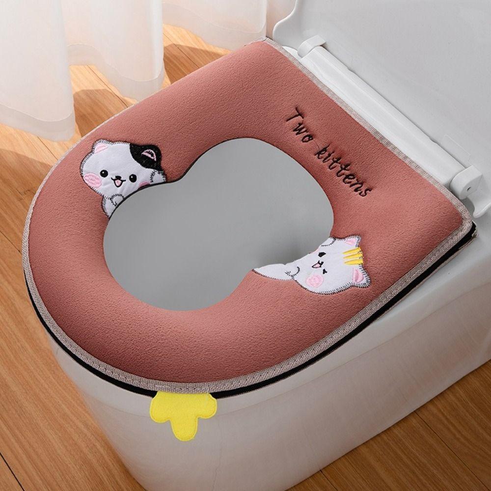 Washable Thickened Toilet Seat Cover Zipper Closure Cartoon Pattern Toilet Mat Cushion Removable Potty Cover Case Autumn Winter