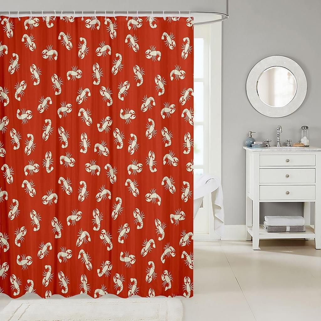 White Lobster Pattern Waterproof PEVA Fabric Shower Curtain with Hooks Red Solid Color Marine Life Theme Bathroom Decor180x200cm