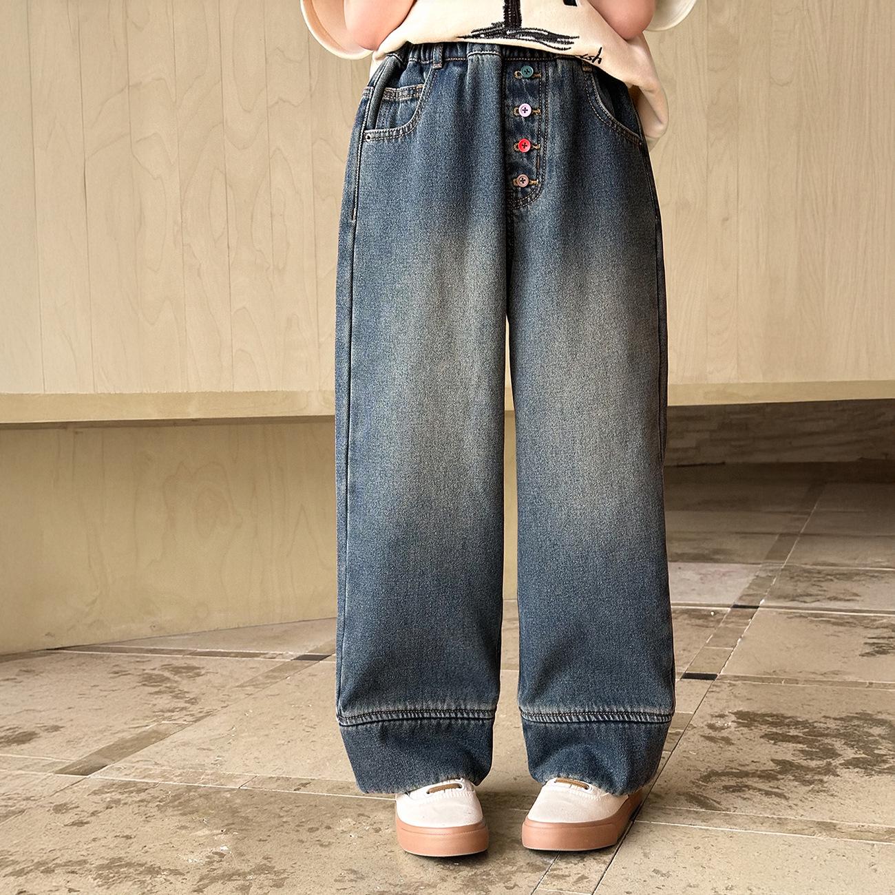 

Yuchen Girls Fleece-Lined Wide-Leg Jeans - 2025 Winter Casual Kids Pants Size 140 джинсовий