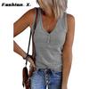 Summer New Europe and The United States Women's Buckle Knitted Undershirt Solid Color V-neck Sleeveless Blouse Female
