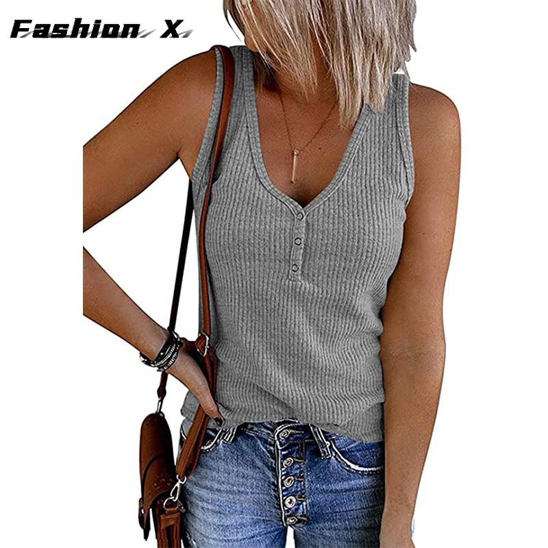 Summer New Europe and The United States Women's Buckle Knitted Undershirt Solid Color V-neck Sleeveless Blouse Female