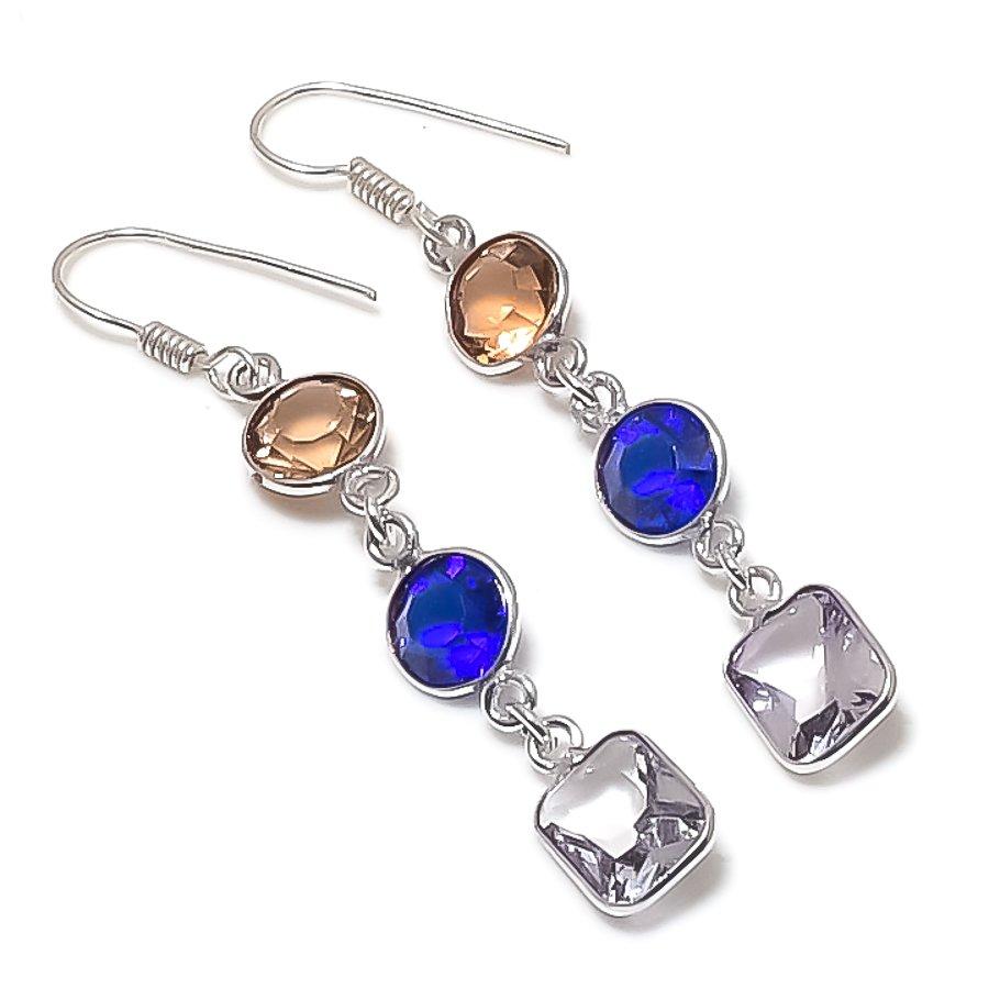 Natural London Blue Topaz, Morganite 925 Sterling Silver Earring 2.36" j4U23