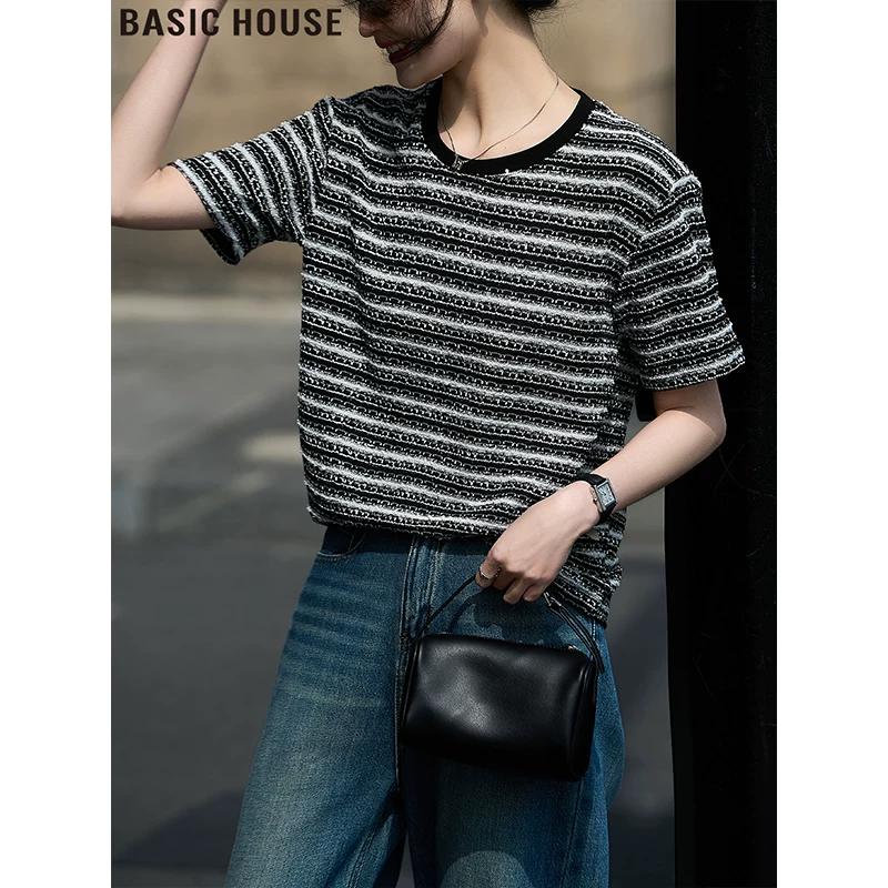 Basic House Women s Striped Round Neck Short Sleeve T-Shirt M