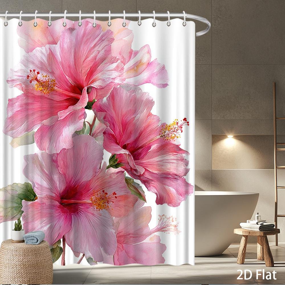 

Hibiscus Flower Shower Curtain – Pink Botanical Print, 2D Flat Watercolor Style, Waterproof Polyester, 70.8×70.8 , 12 Hooks W60H190(CM)-1 Pcs