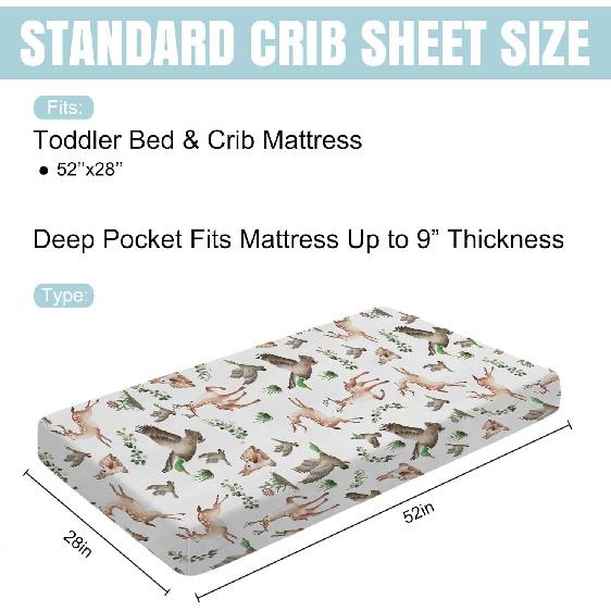 Woodland Wild Animals Hunting Crib Sheets for Girls and Boys 52"x28" Hunting Deer Duck Leaves Crib Mattress Sheet Soft Breathable Nursery Bed Sheet