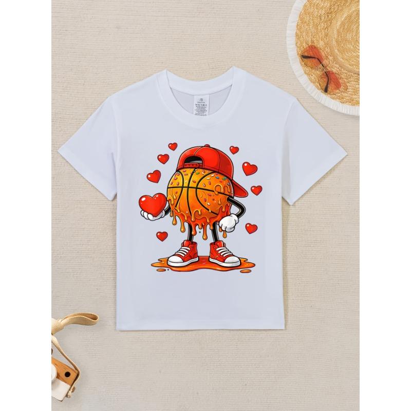 European Sizes Soft Breathable Valentine Basketball Heart Drip Sport Valentines Day T-Shirt for Kids | Boys & Girls Graphic Tee - Round Neck