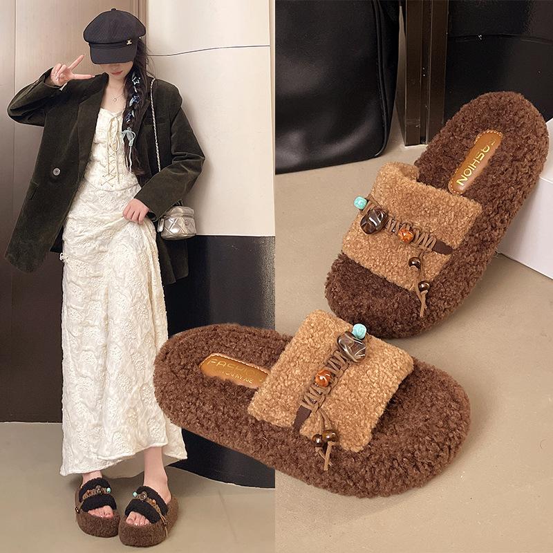 2025 New Autumn and Winter High-end Lamb Wool Thick-soled Wool Slippers for Women To Wear Super-hot Home Warm Cotton Slippers