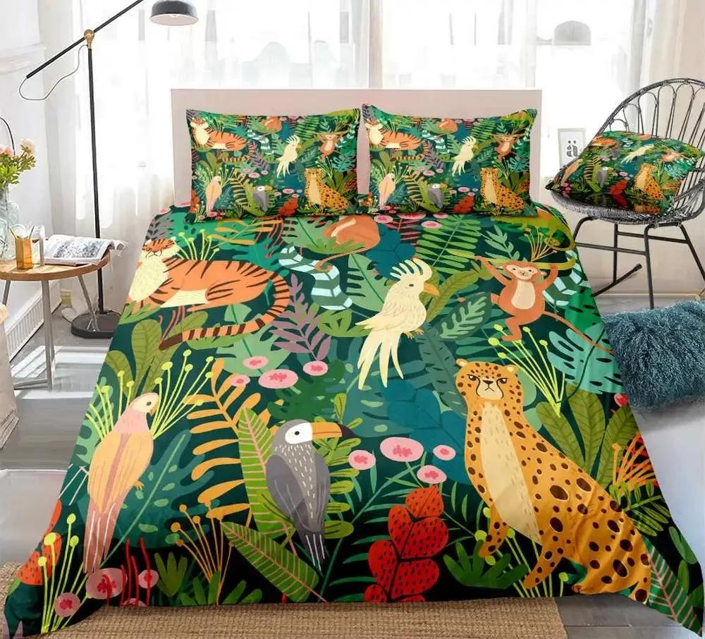 Cartoon Safari Animal Duvet Cover Set Giraffe Lemur Rhino Lion Bedding Set Elephant Camel Snake Hippo Zoo Jungle Comforter Cover