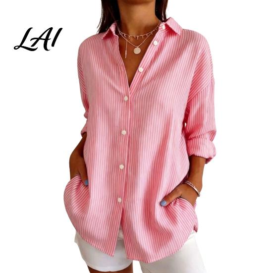 Women Collared Shirts Striped Shirt for Summer Autumn Button Down Single Casual Blouses Breasted Blouse Dressy Long Sleeve Top Office Work Tops