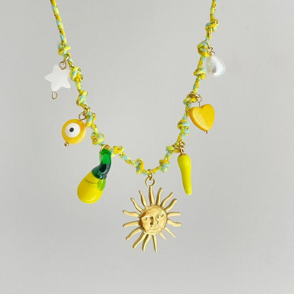 Summer Sea Breeze Starfish & Seashell Heart Pendant Rope Necklace