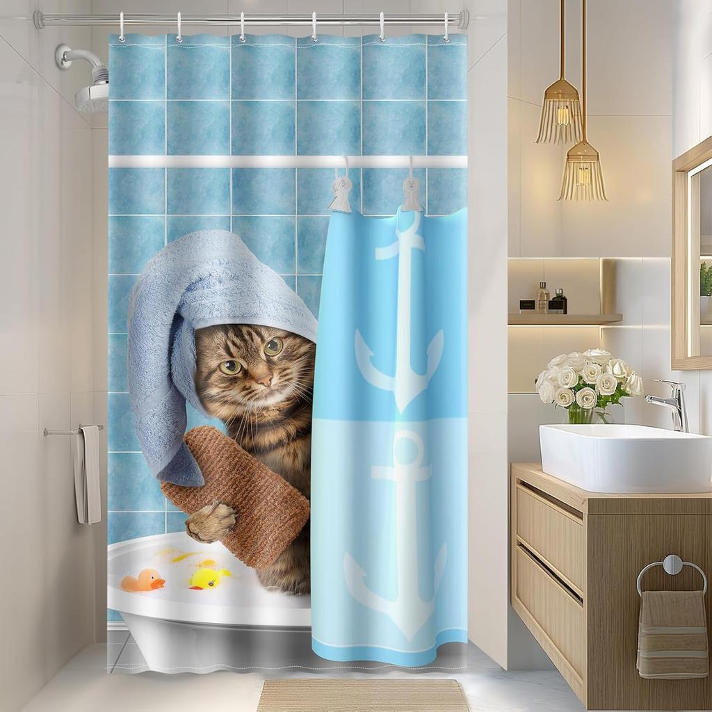 Funny Cat Shower Curtains Cute Cat Riding Whale Shark Fantasy Jellyfish Fun Shower Curtain Set with Kids Bathroom