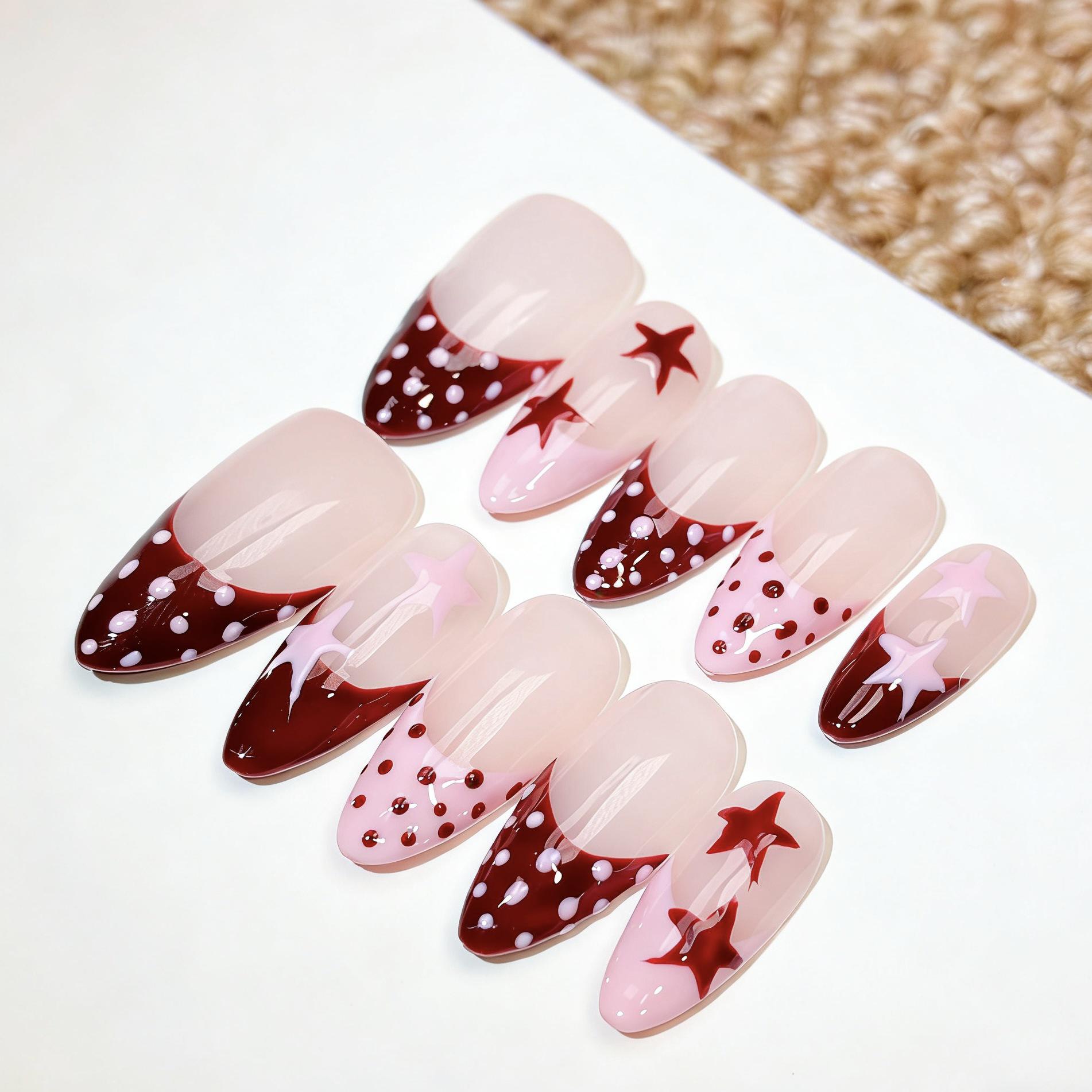 

10-Piece Medium Almond Glossy Wine Red Polka Dot French Nail Tips - Autumn/Winter Hot Style ★M★ Handmade Wearable Nail