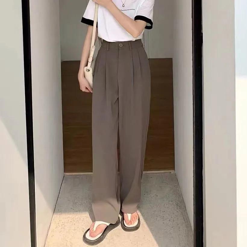 

Женские однотонные брюки-костюм с высокой посадкой, осенние прямые модные брюки, повседневные свободные брюки на пуговицах для офиса, корейские женские брюки S