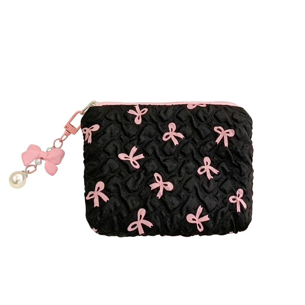 Bolsa pequeña de maquillaje con lazo estampado en rosa y negro para mujer, práctica minicaja para lápiz labial, neceser, bolsa para guardar toallas sanitarias.